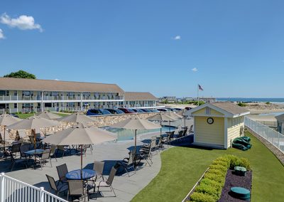 View from the entrance of Room 74, overlooking the pool and ocean.