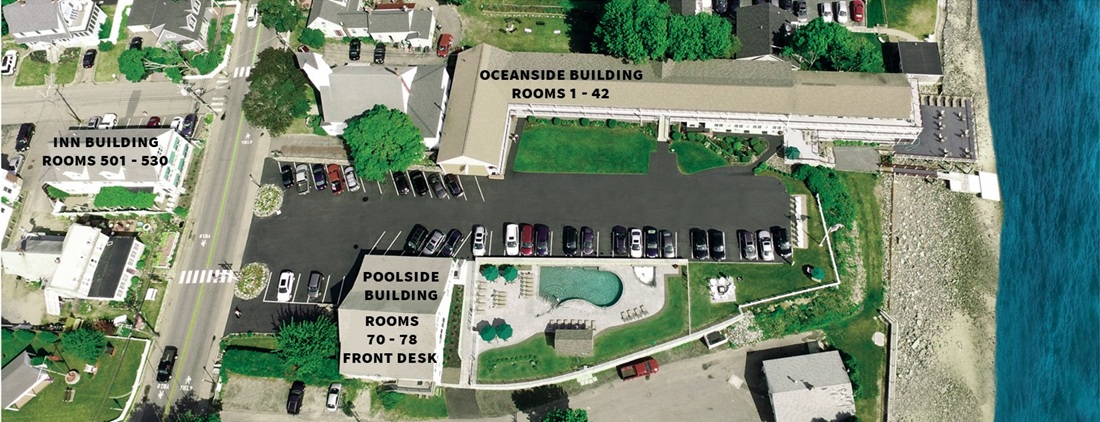 Aerial view of the Sea Chambers' property, with ocean to far right and three buildings labeled, the Oceanside, the Poolside and the Inn Building.