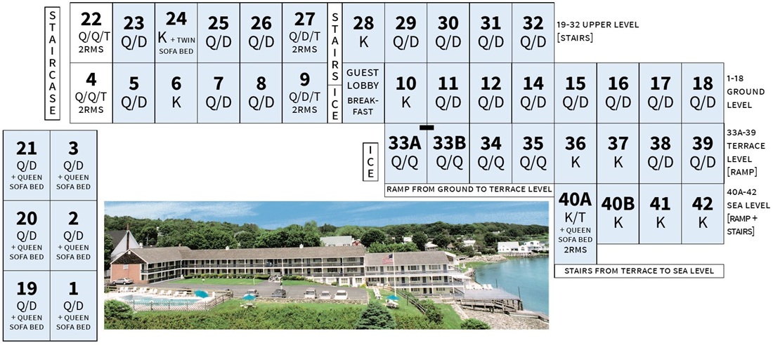 Photo and layout diagram of Sea Chambers' Oceanside Building, 2026 edition