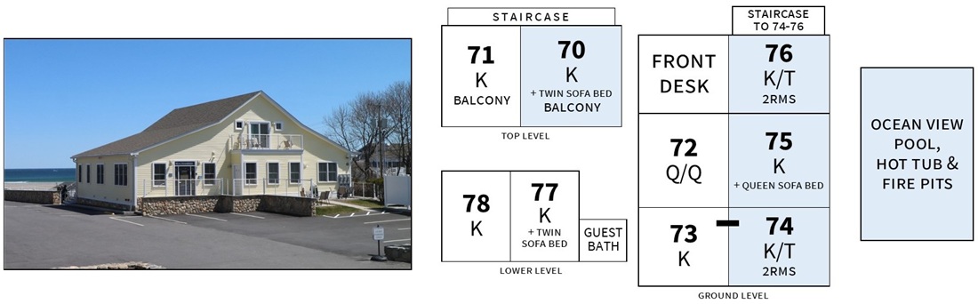 Photo and layout diagram of Sea Chambers' Poolside Building, 2026 edition
